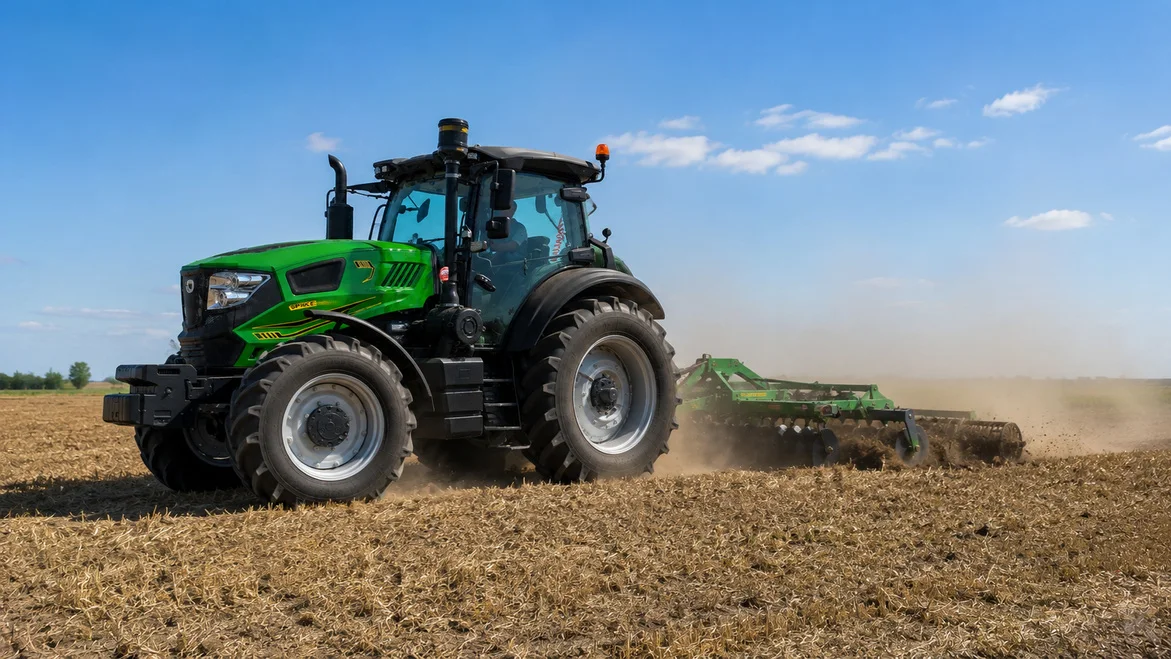 SPIKE TK 1404 140 hp tractor working in a field with a disc harrow