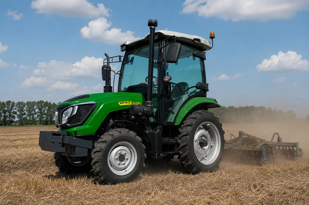 SPIKE TK 404 compact tractor with cab, 40 hp, working with a disc harrow
