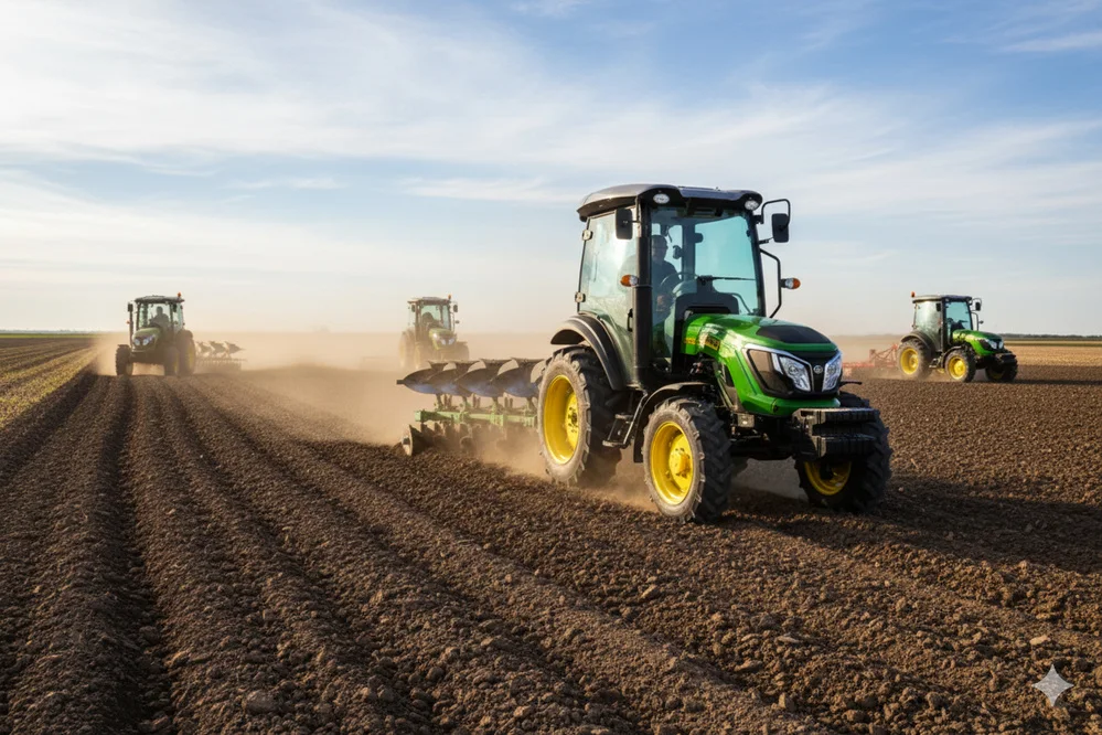 SPIKE TK 604 60 hp compact tractors ploughing, the front one with a reversible plough